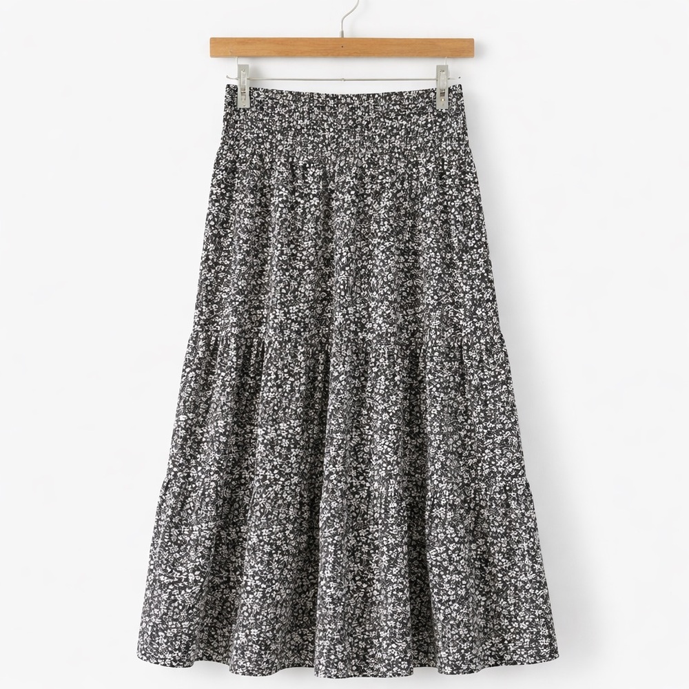 Boho Floral Tiered Midi Skirt S/M | Cottagecore Elastic Waist
